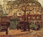 Grant Wood Greenish Bus in Street of Paris oil